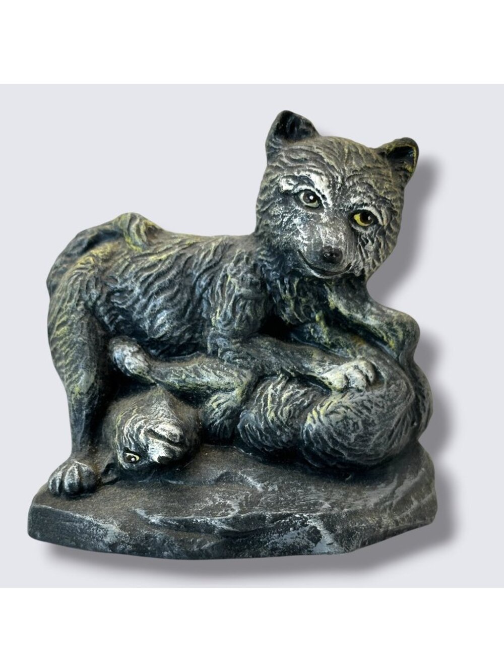 Hand Painted Wolf Pup Figurine Playing On Base - Stone Look Ceramic - Rustic Dec
